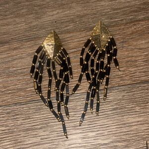 Chic Black and Gold Beaded Fringe Earrings